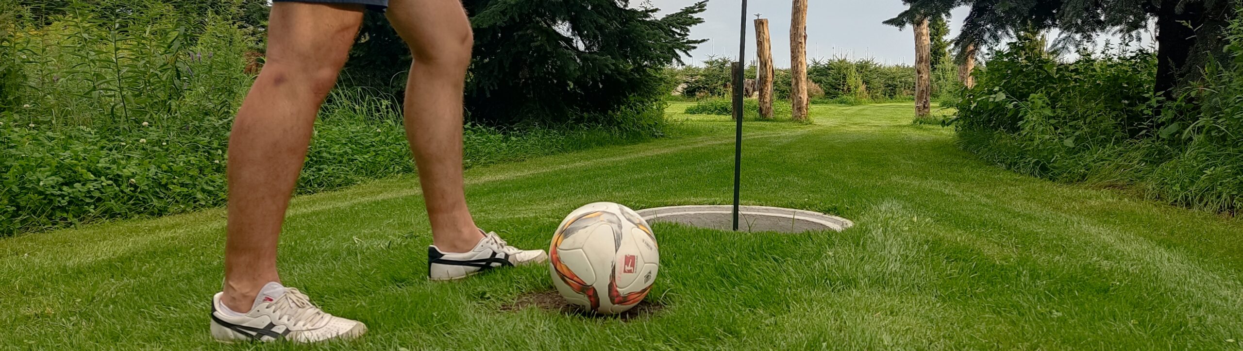 spieler mit Ball vor Loch hintergrund pfäle